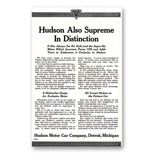 1920 Hudson Motor Car Also Supreme in Distinction Vintage Magazine Print Ad