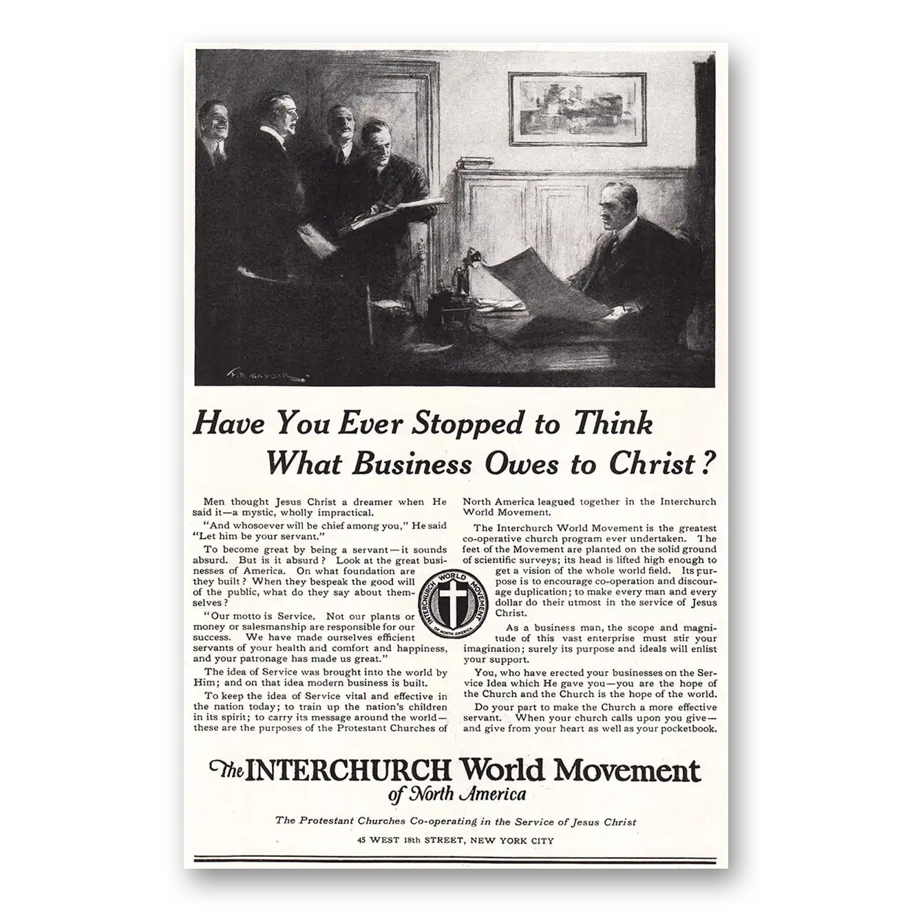 1920 Interchurch World Movement Stopped to Think What Business Owes to Christ Vintage Magazine Print Ad