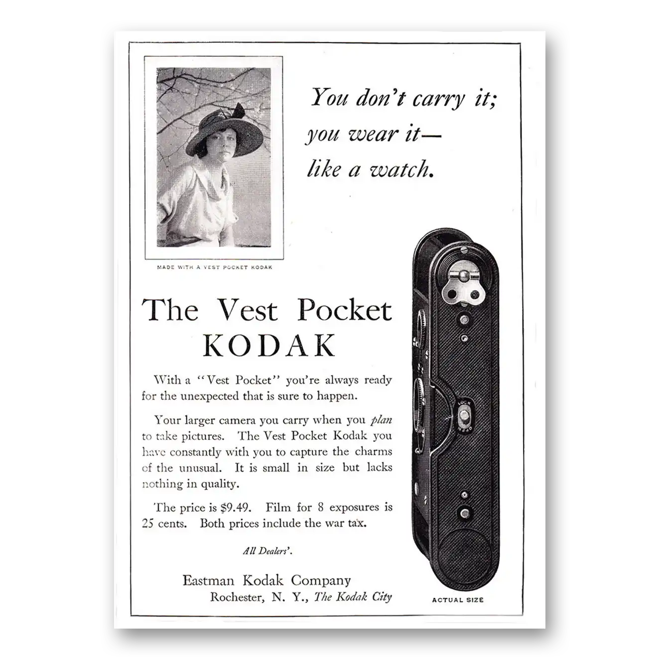 1920 Kodak Vest Pocket You Don't Carry It You Wear It Vintage Magazine Print Ad