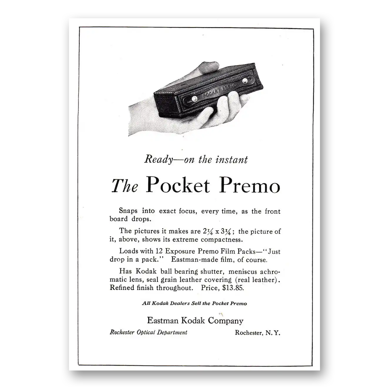 1920 Kodak Pocket Premo Snaps Into Exact Focus Vintage Magazine Print Ad