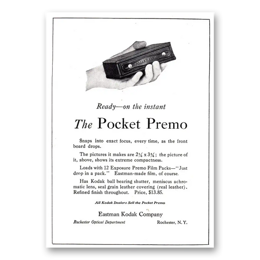 1920 Kodak Pocket Premo Snaps Into Exact Focus Vintage Magazine Print Ad