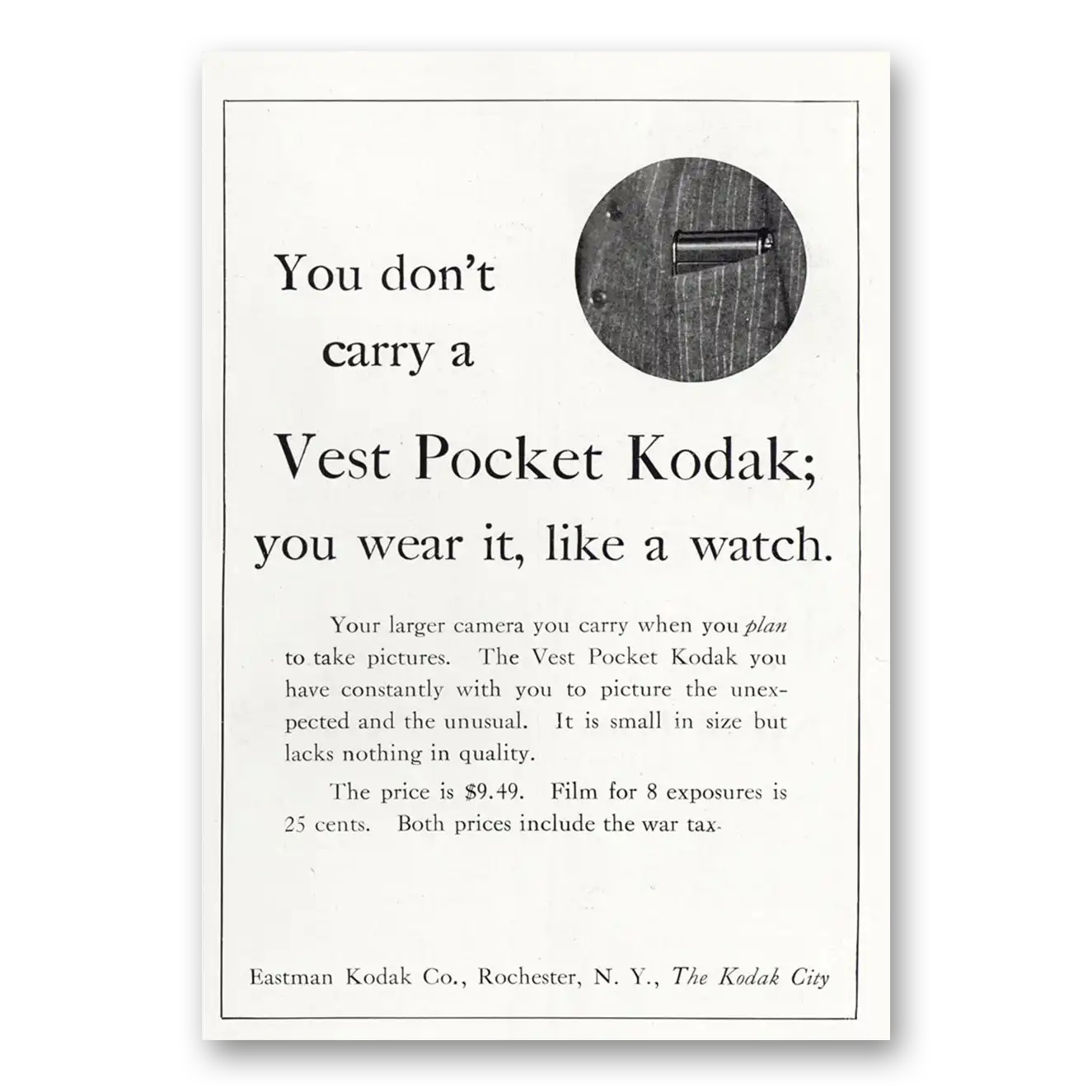 1920 Kodak Vest Pocket Wear It Like a Watch Vintage Magazine Print Ad