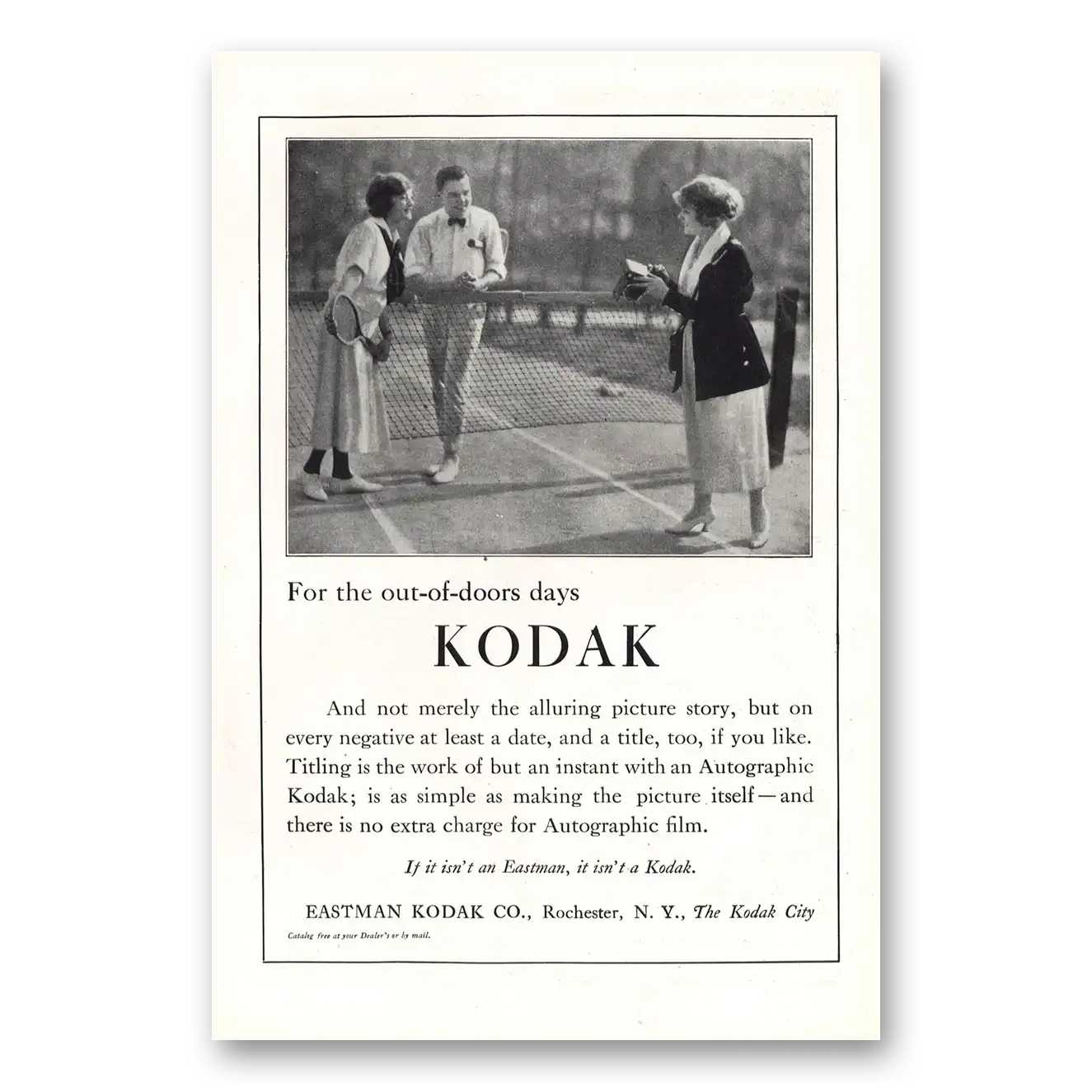 1920 Kodak Autographic Camera Out of Doors Days Tennis Vintage Magazine Print Ad