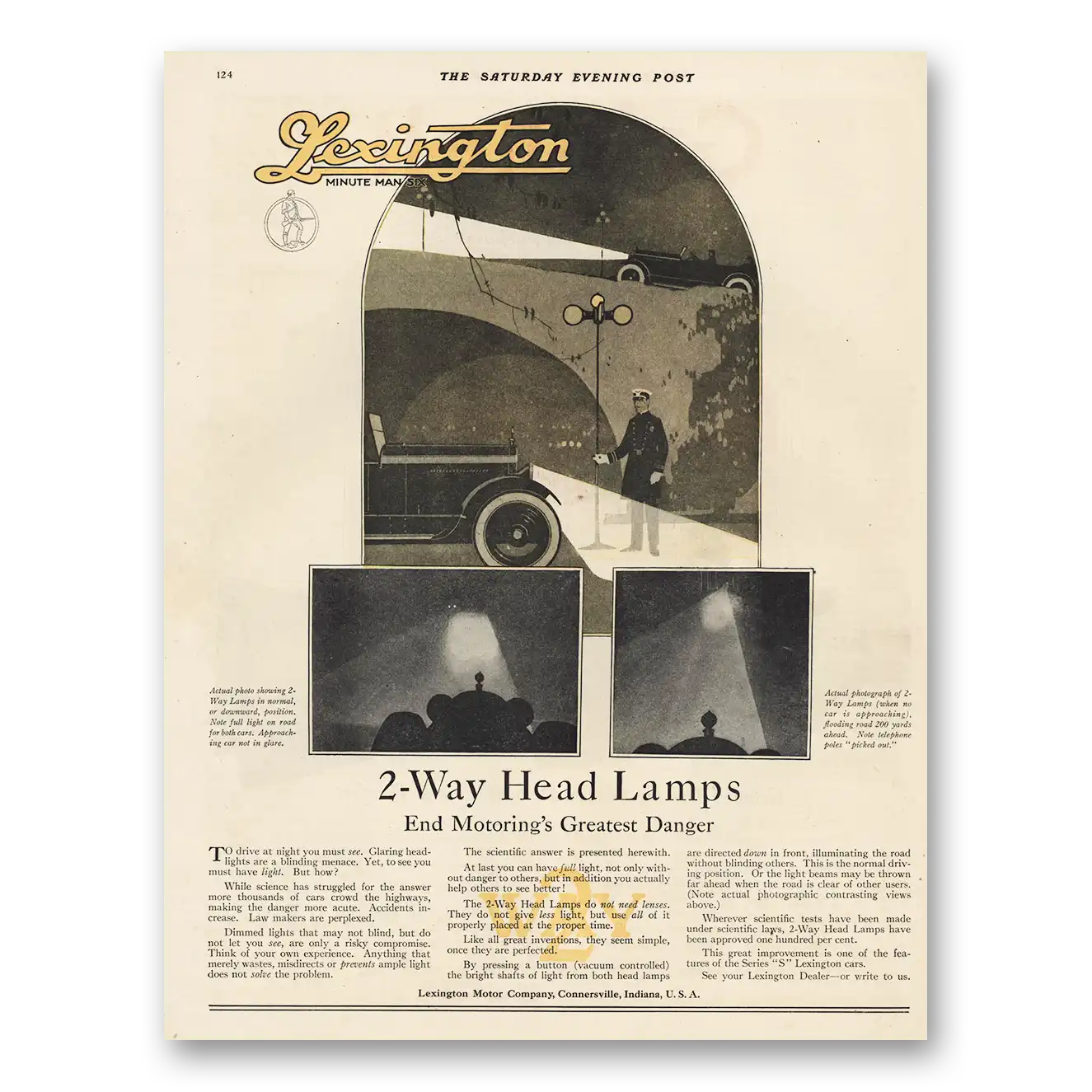 1920 Lexington Motor Company 2 Way Head Lamps Vintage Magazine Print Ad