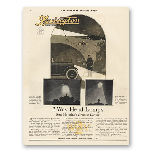 1920 Lexington Motor Company 2 Way Head Lamps Vintage Magazine Print Ad