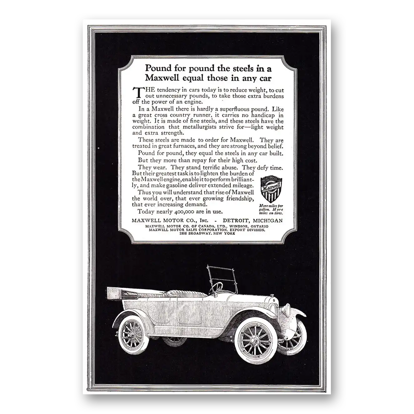 1920 Maxwell Motors Pound for Pound Vintage Magazine Print Ad