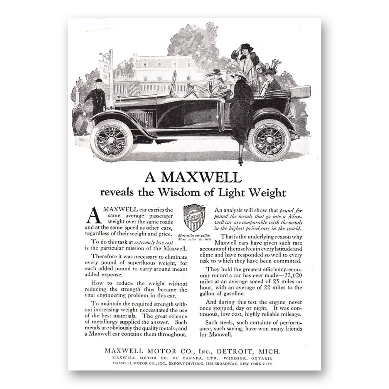 1920 Maxwell Motors Reveals the Wisdom of Light Weight Vintage Magazine Print Ad