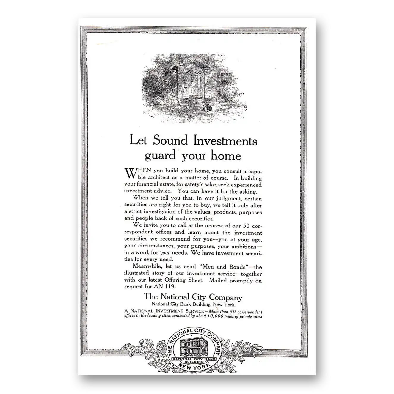 1920 National City Company Let Sound Investments Guard Your Home Vintage Magazine Print Ad