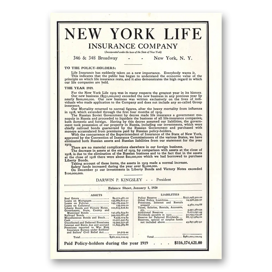 1920 New York Life Insurance To the Policy Holders Balance Sheet Vintage Magazine Print Ad