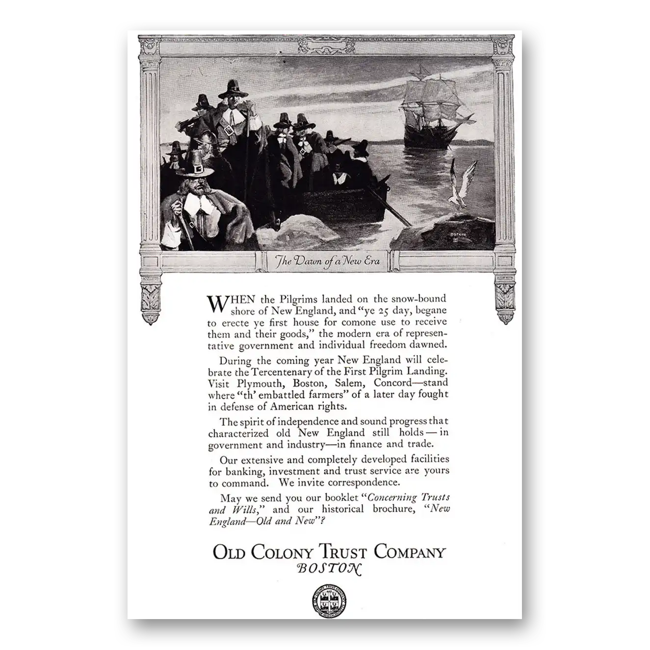 1920 Old Colony Trust Dawn of New Era Pilgrims Vintage Magazine Print Ad