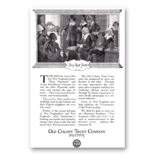 1920 Old Colony Trust They Kept Faith Pilgrims Vintage Magazine Print Ad