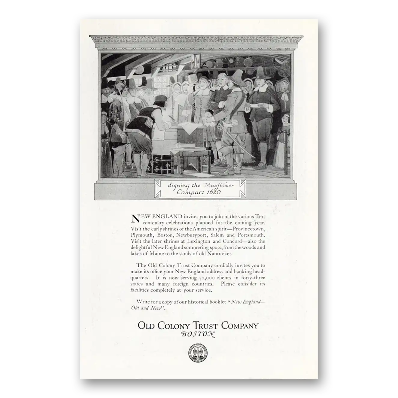 1920 Old Colony Trust Signing the Mayflower Compact Vintage Magazine Print Ad