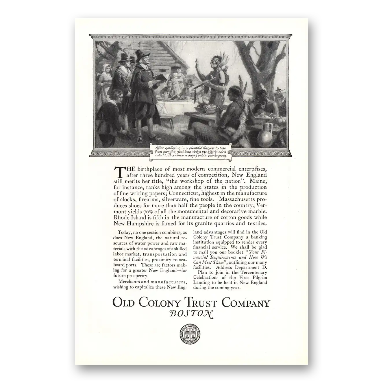 1920 Old Colony Trust Providence Day of Thanksgiving Vintage Magazine Print Ad