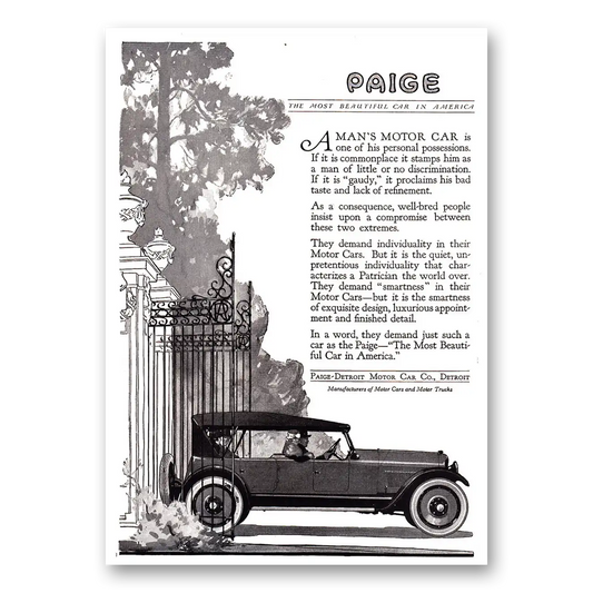 1920 Paige-Detroit Motor Car Mans Motor Car is One of His Personal Possessions Vintage Magazine Print Ad