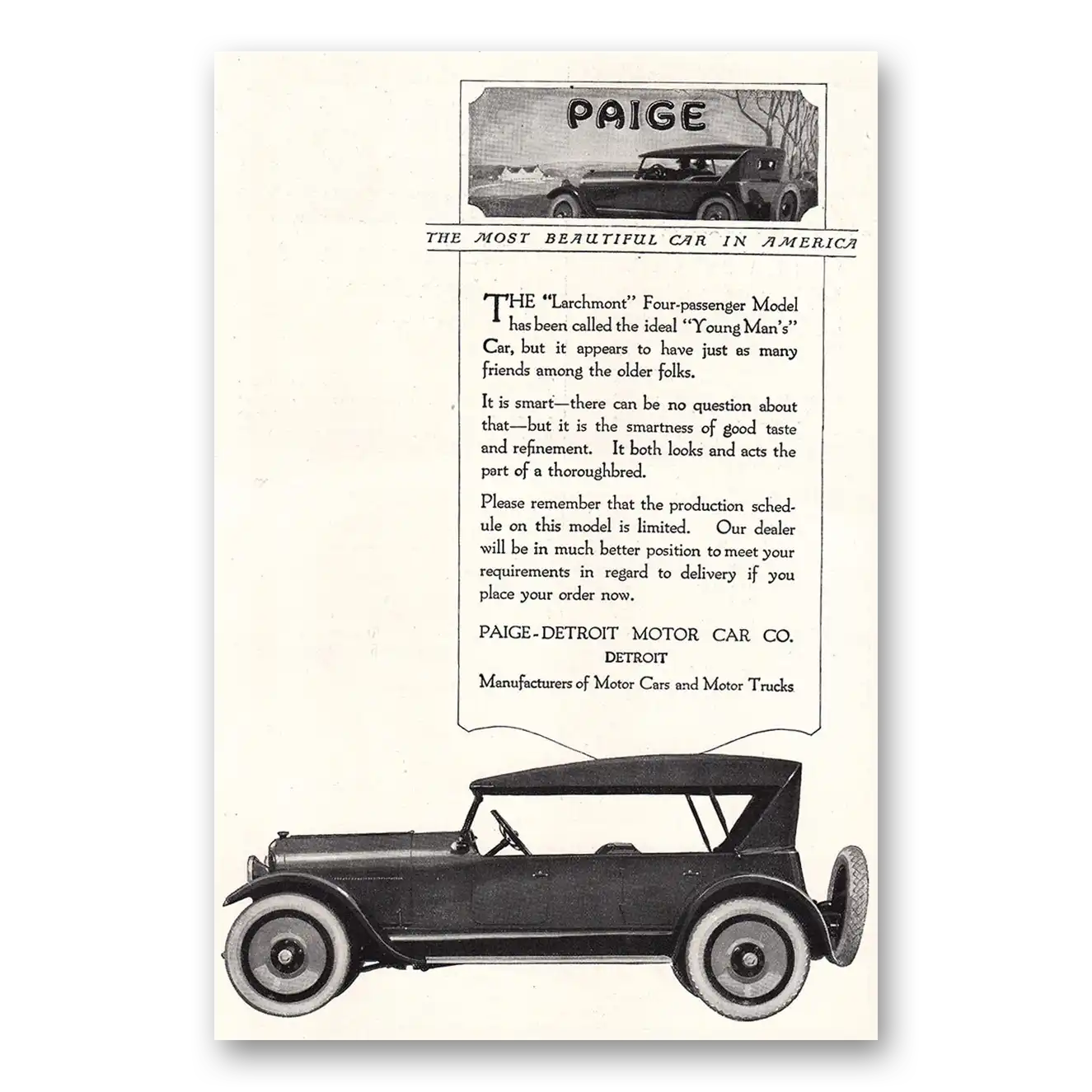 1920 Paige-Detroit Motor Car Most Beautiful Car in America Vintage Magazine Print Ad