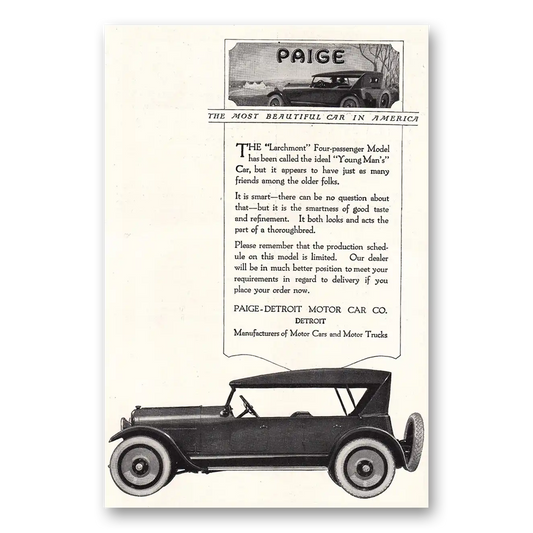 1920 Paige-Detroit Motor Car Most Beautiful Car in America Vintage Magazine Print Ad