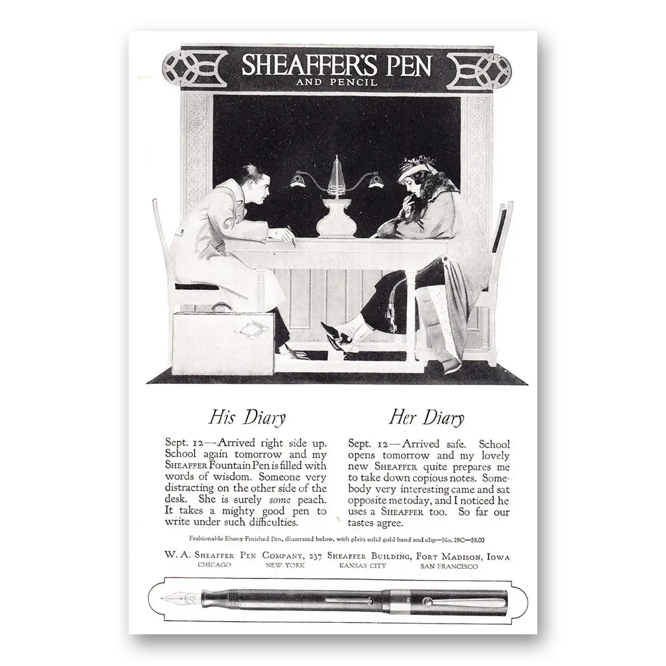 1920 Sheaffers Fountain Pen His Diary Her Diary Vintage Magazine Print Ad