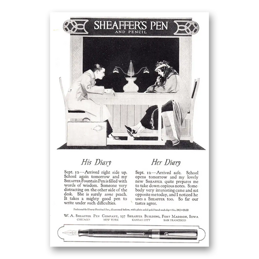 1920 Sheaffers Fountain Pen His Diary Her Diary Vintage Magazine Print Ad