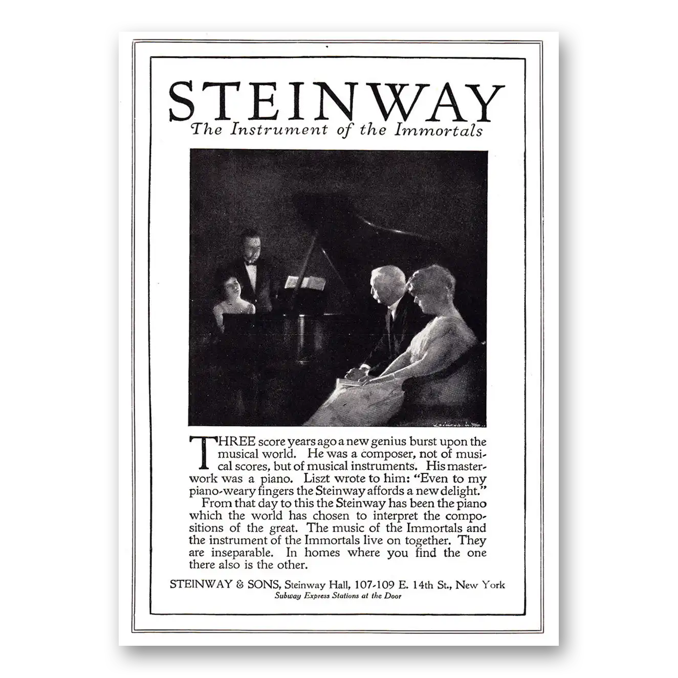 1920 Steinway Piano Three Score Years Ago Vintage Magazine Print Ad