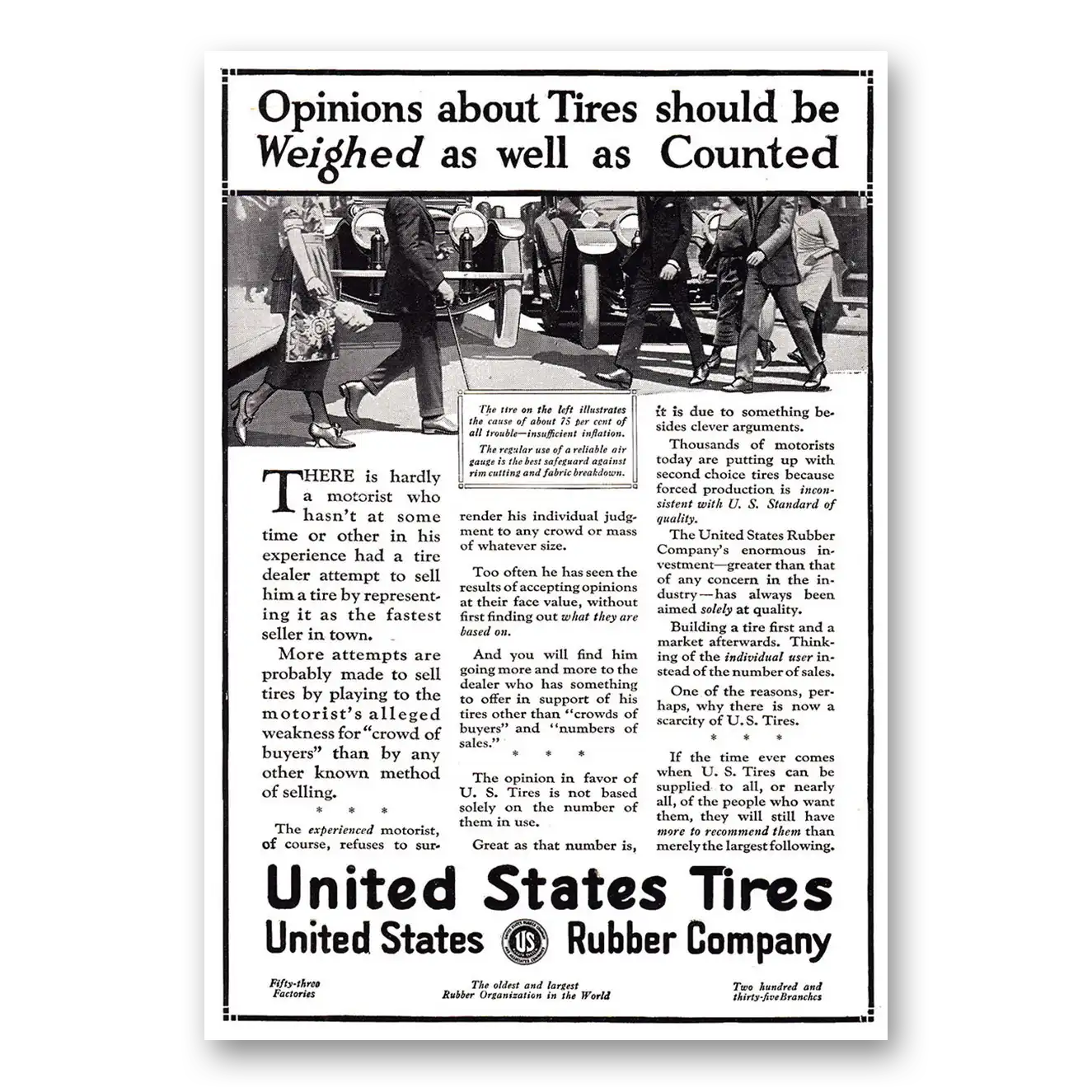 1920 US Tires Opinions About Tires Should be Weighed as Well as Counted Vintage Magazine Print Ad