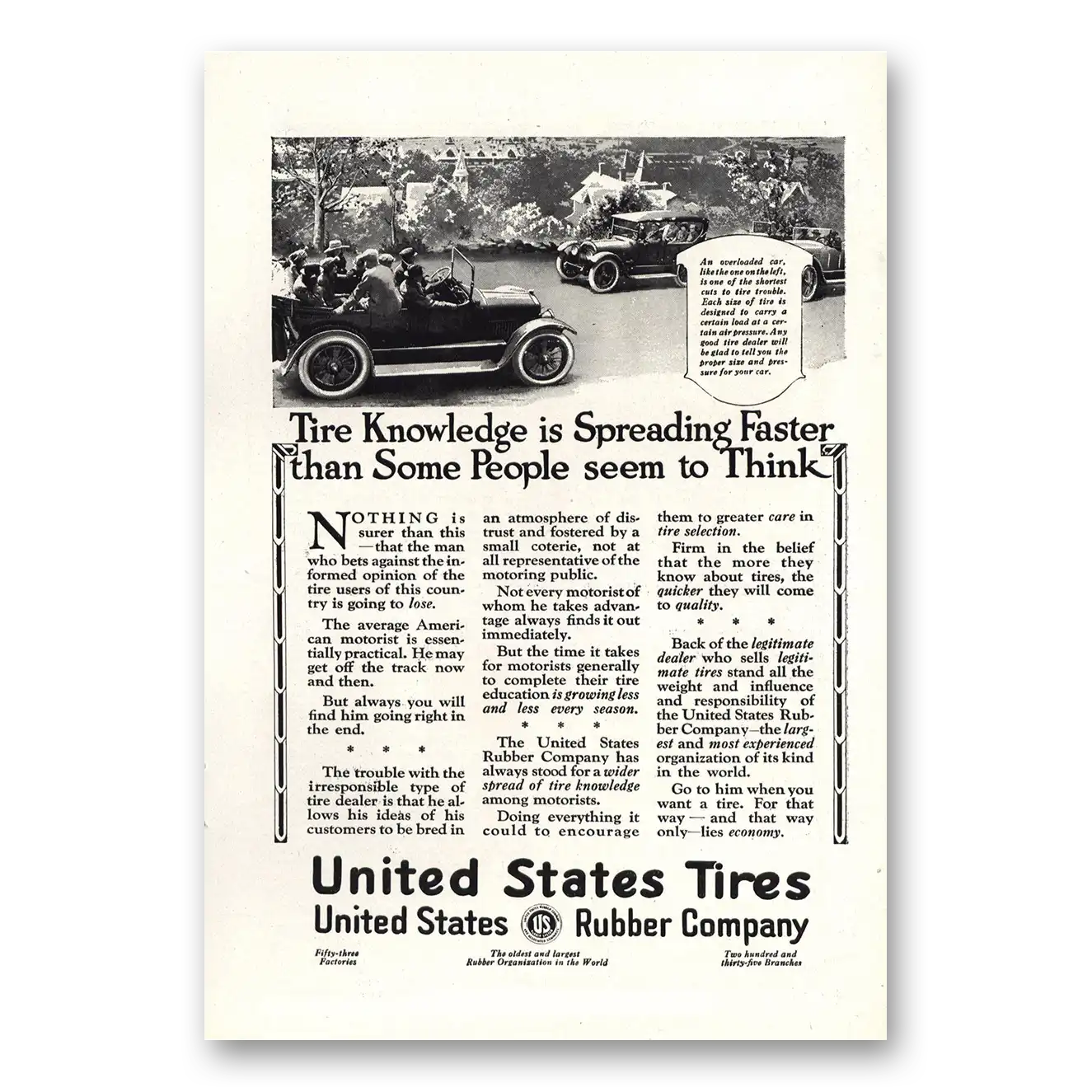 1920 US Tires Tire Knowledge Is Spreading Faster Vintage Magazine Print Ad