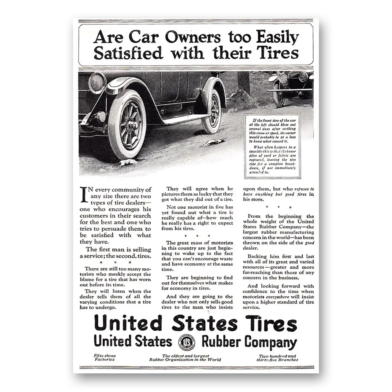 1920 US Tires Are Car Owners Too Easily Satisfied With Their Tires Vintage Magazine Print Ad