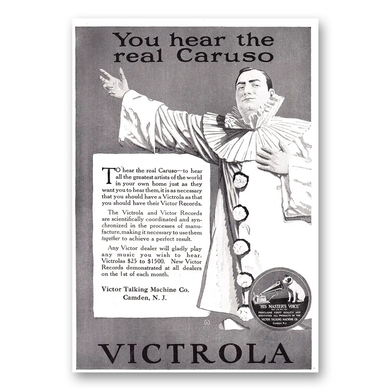 1920 Victrola You Hear the Real Caruso Vintage Magazine Print Ad