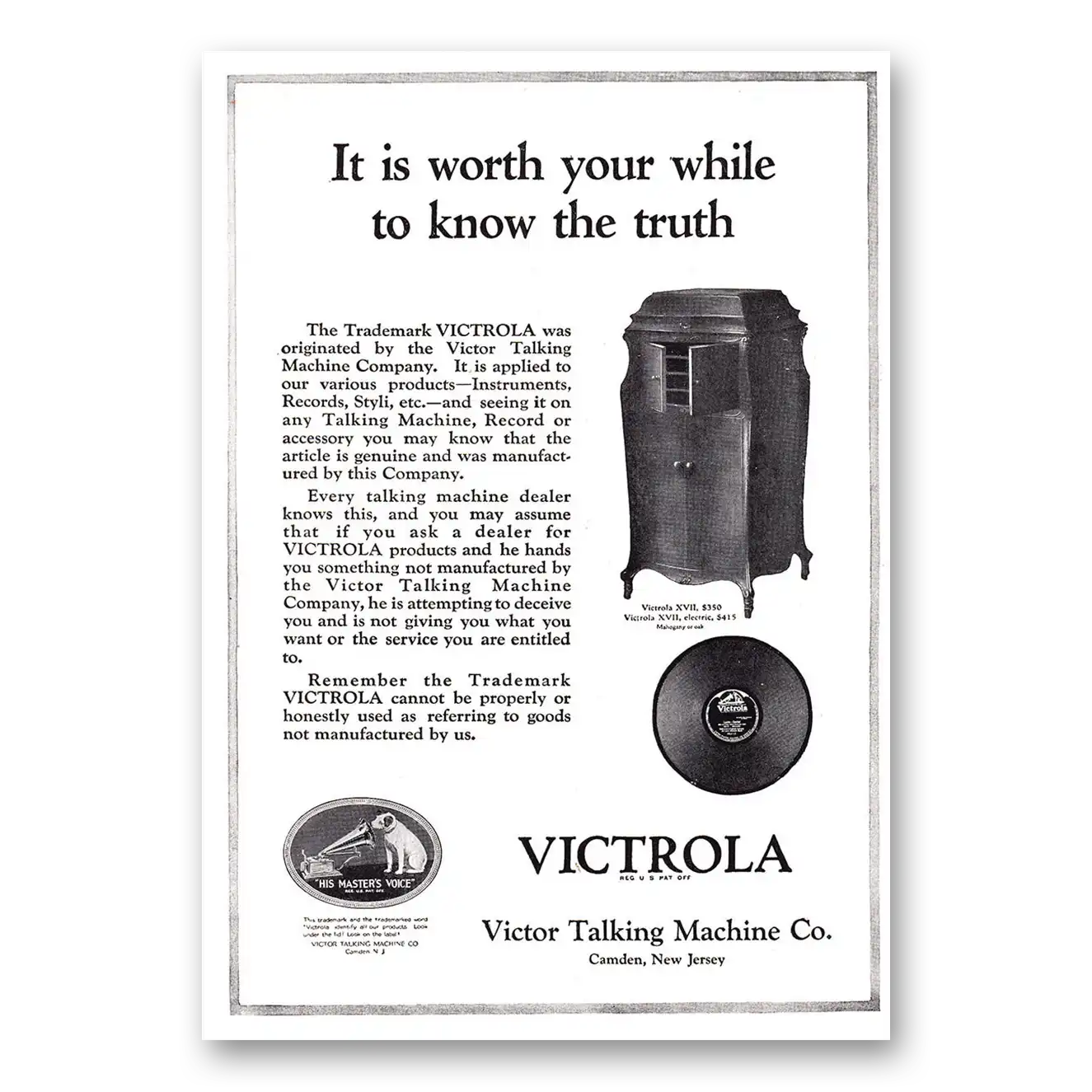 1920 Victrola Worth Your While To Know the Truth Vintage Magazine Print Ad