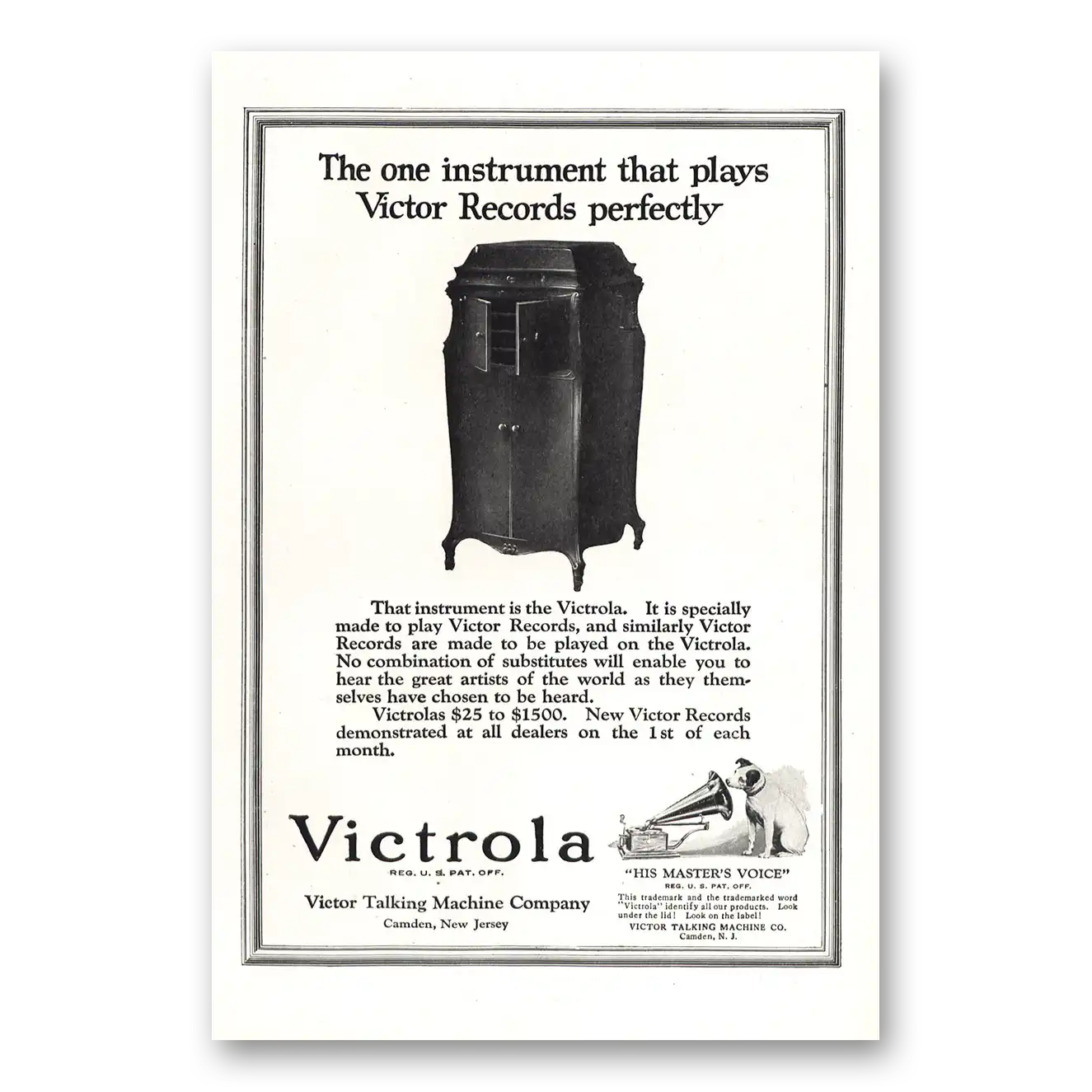 1920 Victrola Instrument Plays Victor Records Perfectly Vintage Magazine Print Ad