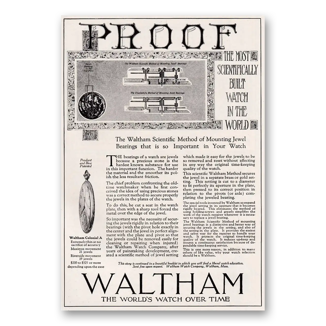 1920 Waltham Watch Scientific Method of Mounting Jewel Bearings Vintage Magazine Print Ad