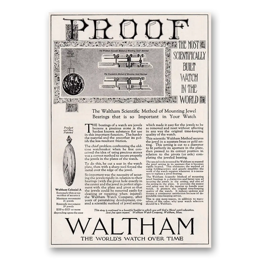 1920 Waltham Watch Scientific Method of Mounting Jewel Bearings Vintage Magazine Print Ad