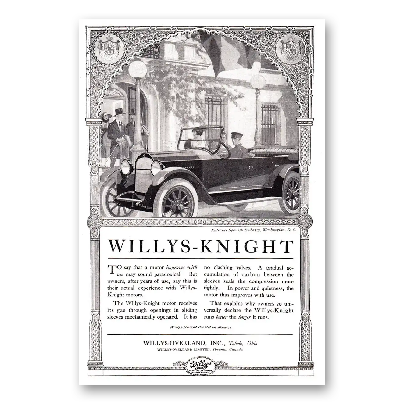 1920 Willys Knight Spanish Embassy Washington DC Vintage Magazine Print Ad