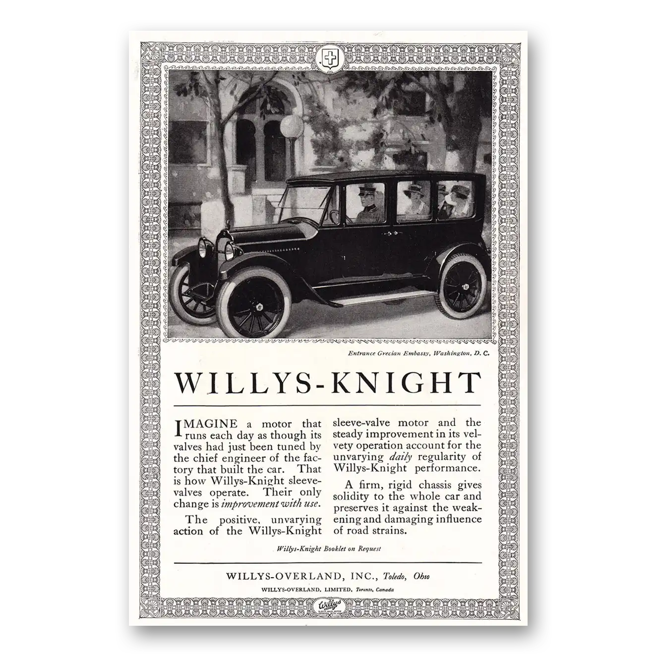 1920 Willys Knight Grecian Embassy Washington DC Vintage Magazine Print Ad