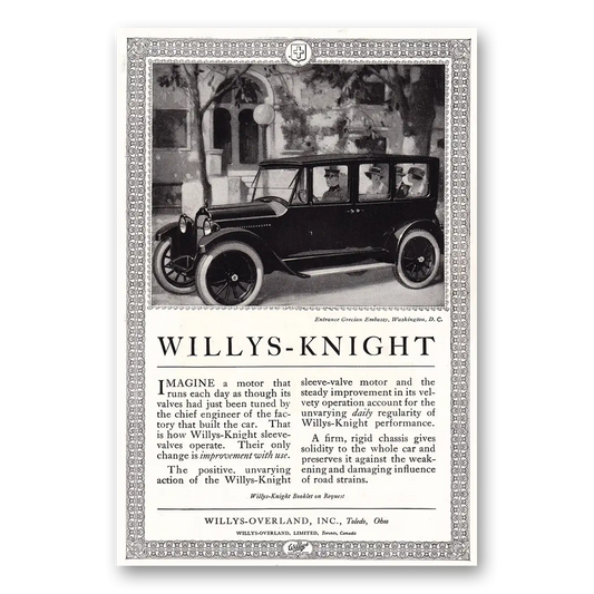 1920 Willys Knight Grecian Embassy Washington DC Vintage Magazine Print Ad