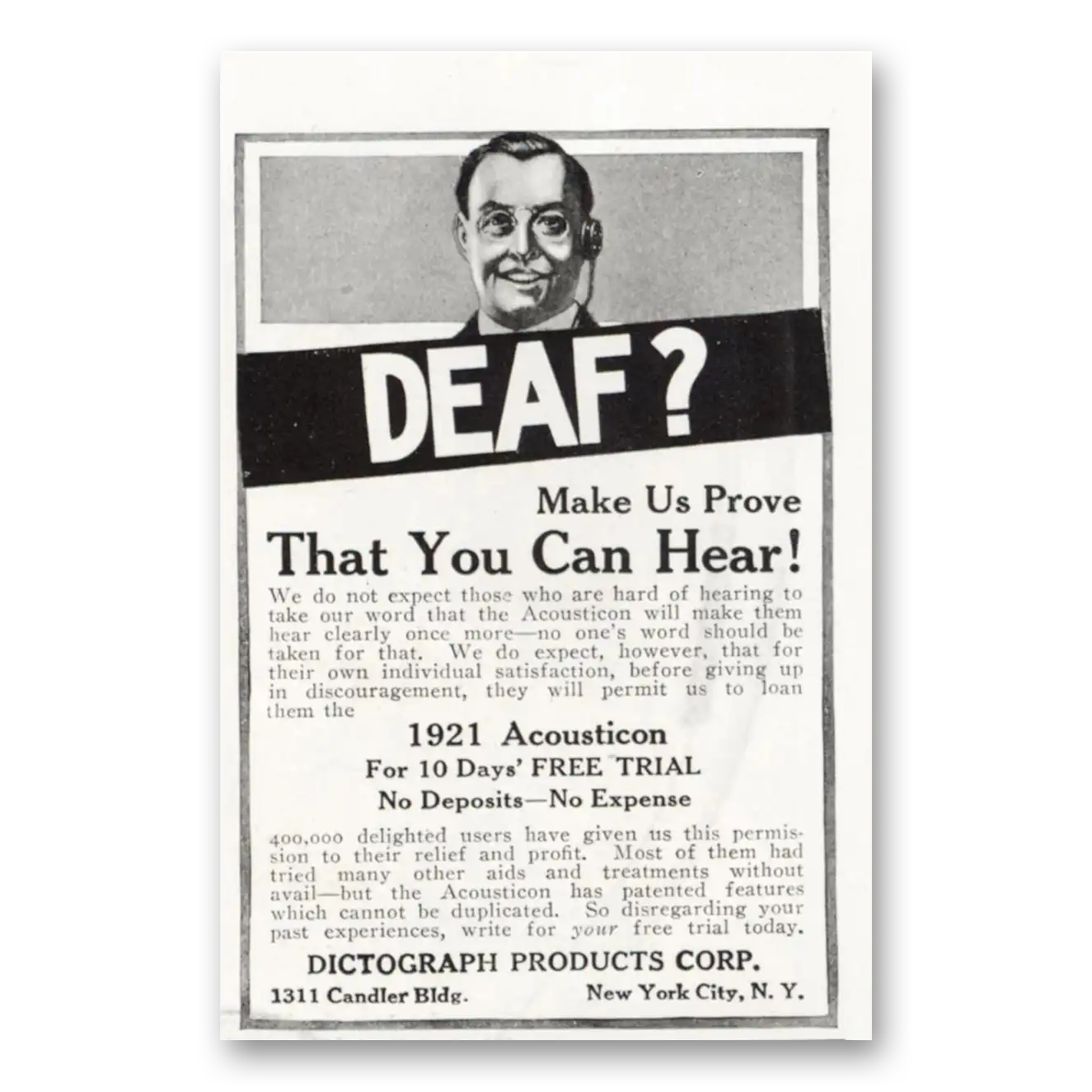 1921 Acousticon Hearing Aid Prove That You Can Hear Vintage Magazine Print Ad