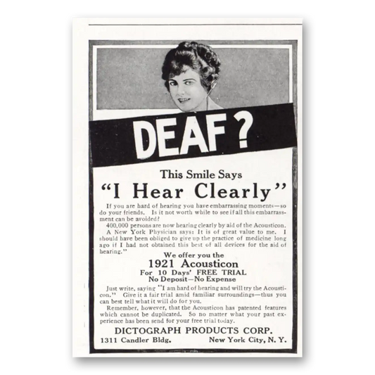 1921 Acousticon Hearing Aid Smile Says I Hear Clearly Vintage Magazine Print Ad