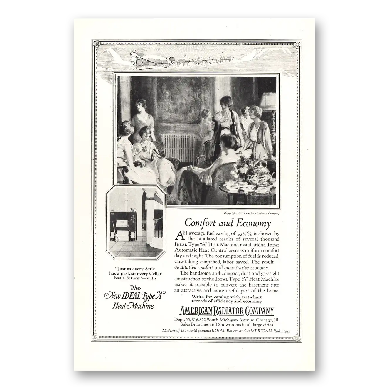 1921 American Radiator Comfort and Economy Average Fuel Saving Vintage Magazine Print Ad