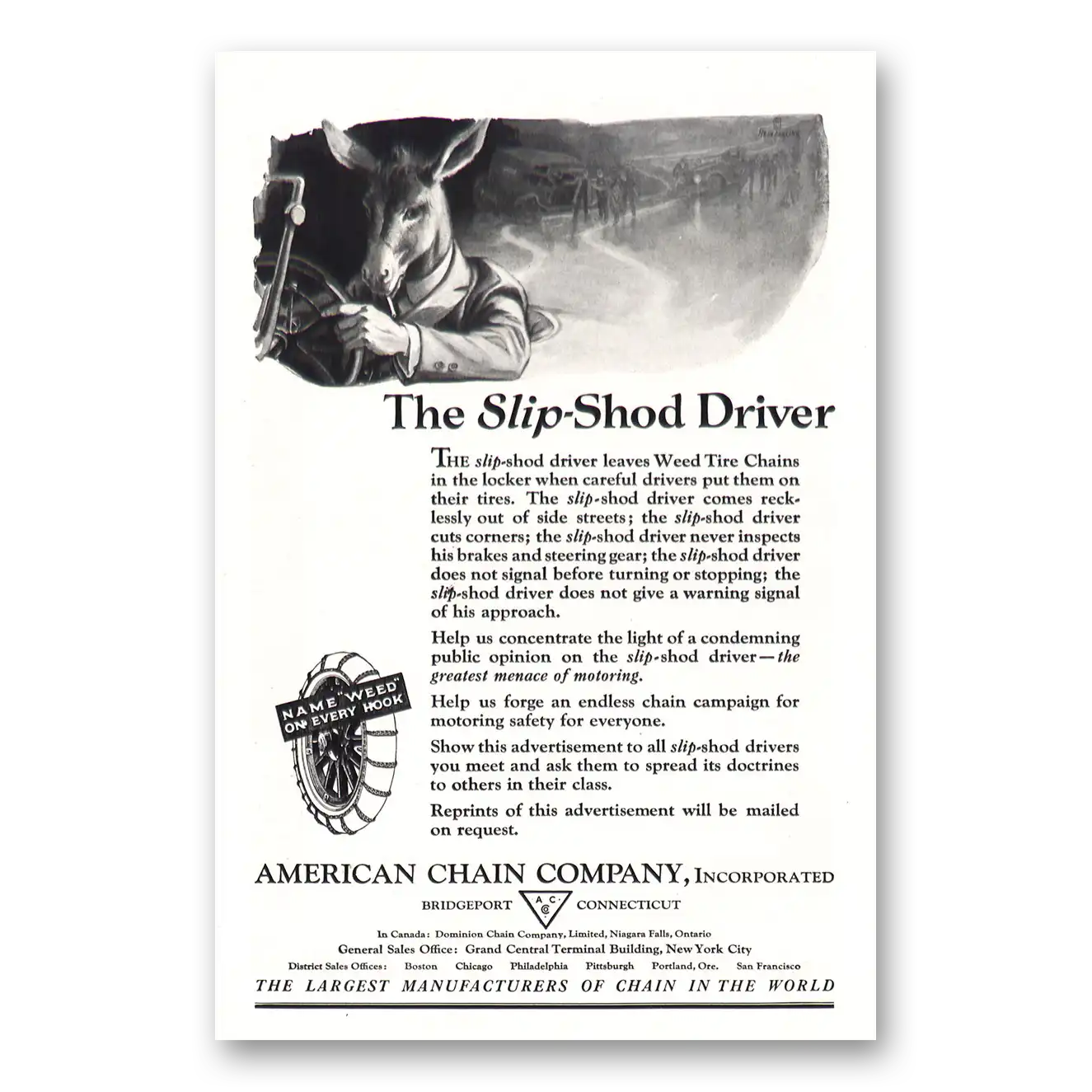 1921 American Chain Company Slip Shod Driver Vintage Magazine Print Ad