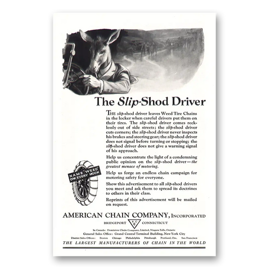 1921 American Chain Company Slip Shod Driver Vintage Magazine Print Ad