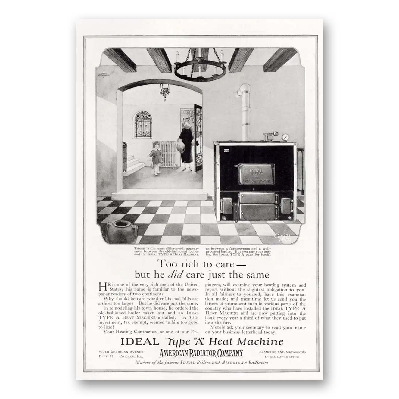 1921 American Radiator Too Rich To Care Vintage Magazine Print Ad