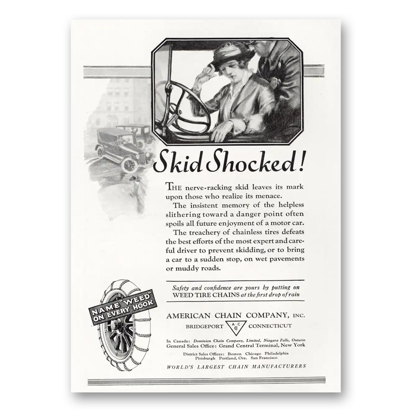 1921 American Chain Company Skid Shocked Nerve Racking Vintage Magazine Print Ad