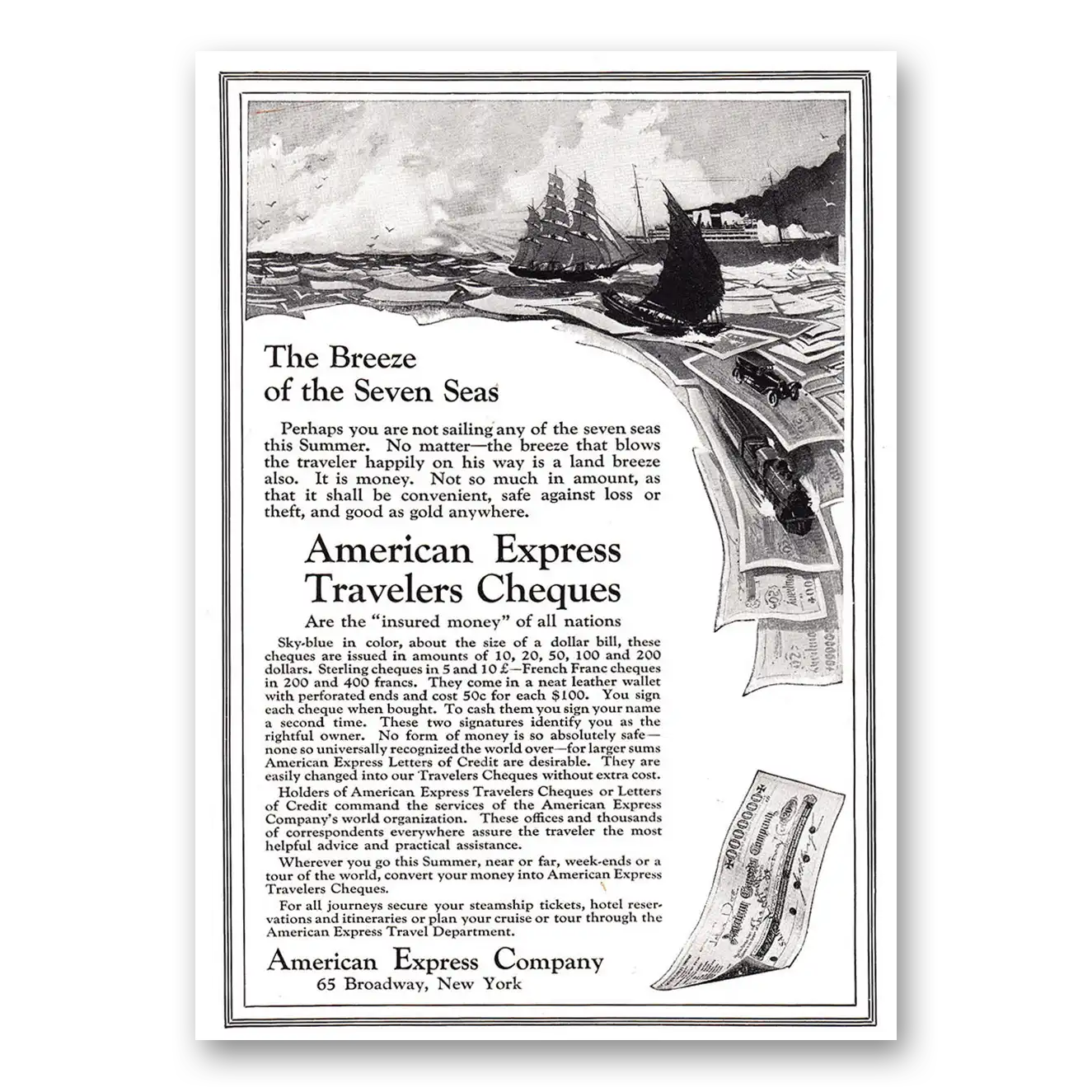 1921 American Express Travelers Cheques Breeze of the Seven Seas Vintage Magazine Print Ad