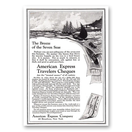 1921 American Express Travelers Cheques Breeze of the Seven Seas Vintage Magazine Print Ad