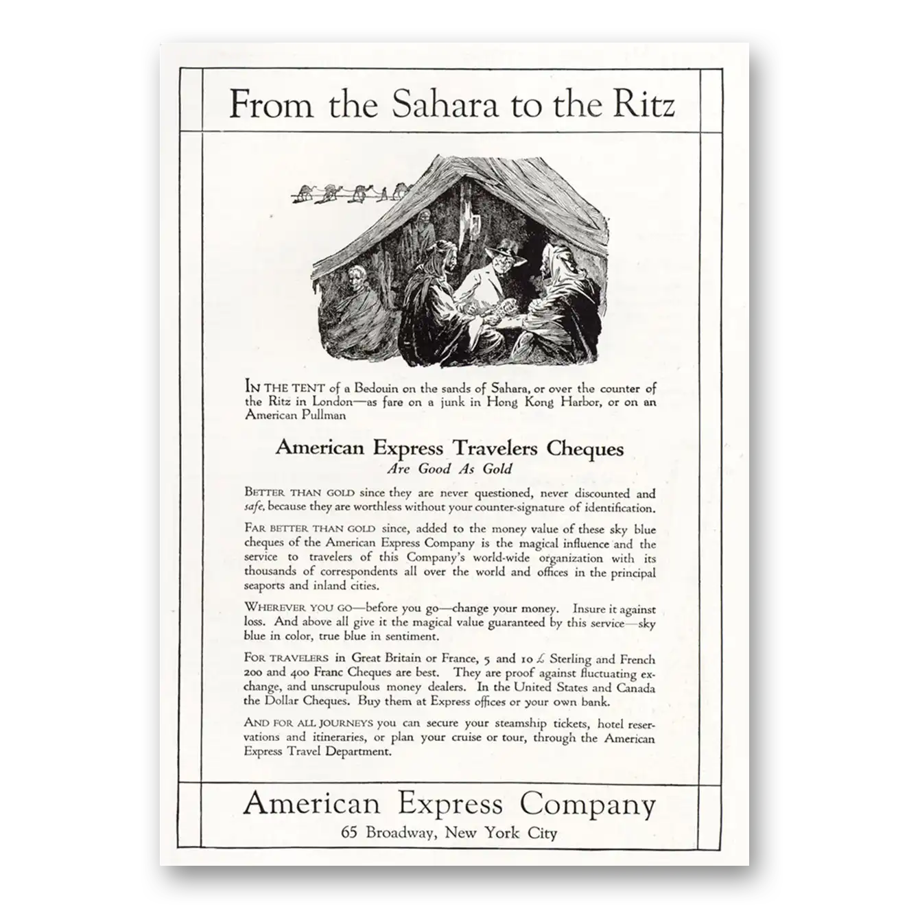 1921 American Express From the Sahara to the Ritz Vintage Magazine Print Ad