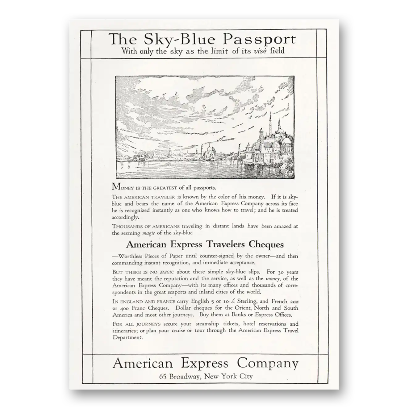 1921 American Express Sky Blue Passport Vintage Magazine Print Ad