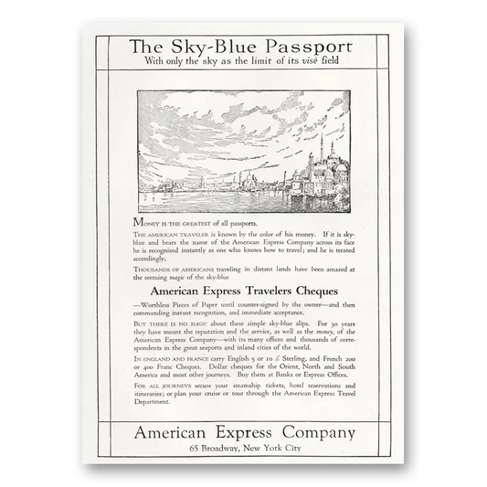 1921 American Express Sky Blue Passport Vintage Magazine Print Ad