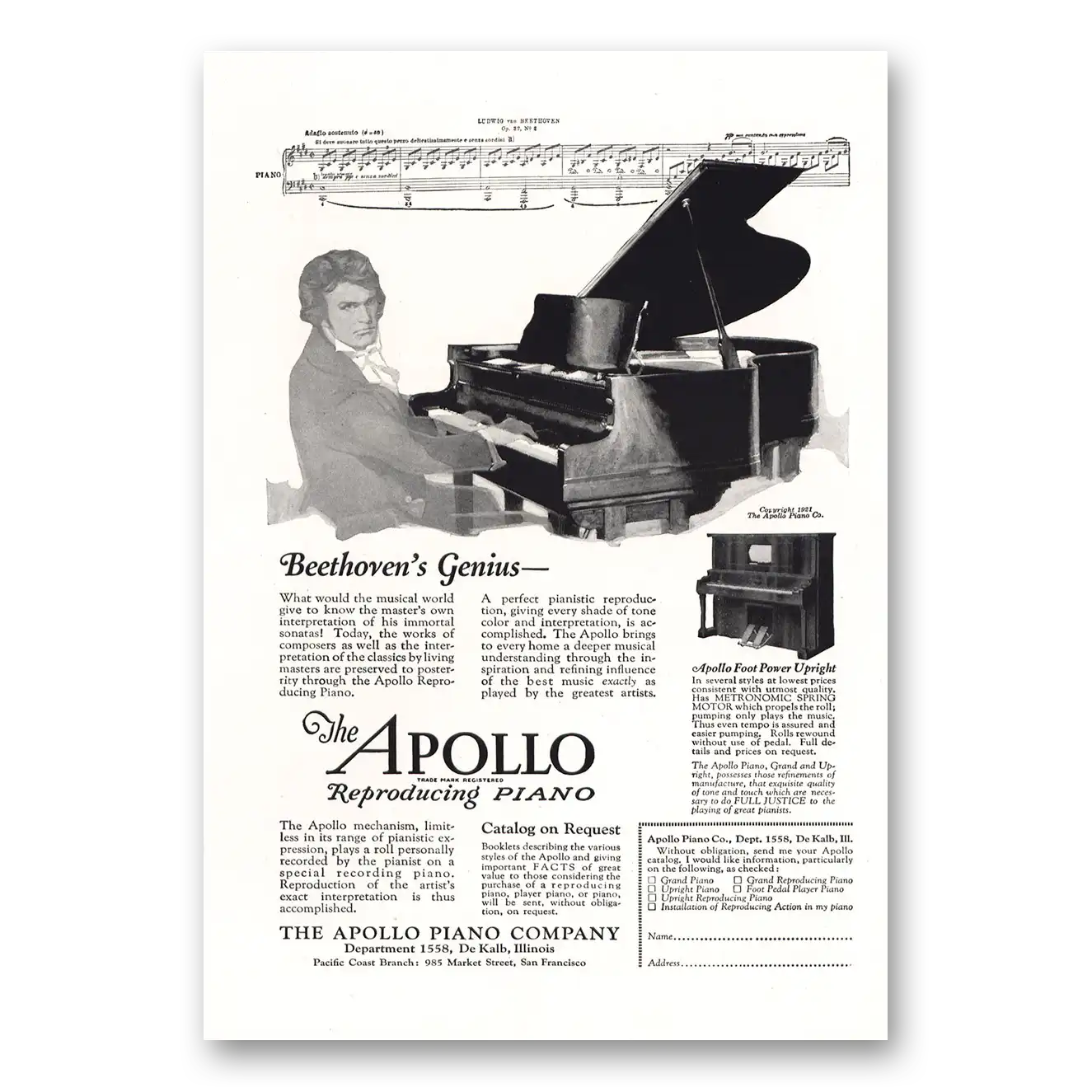 1921 Apollo Reproducing Piano Beethovens Genius Vintage Magazine Print Ad