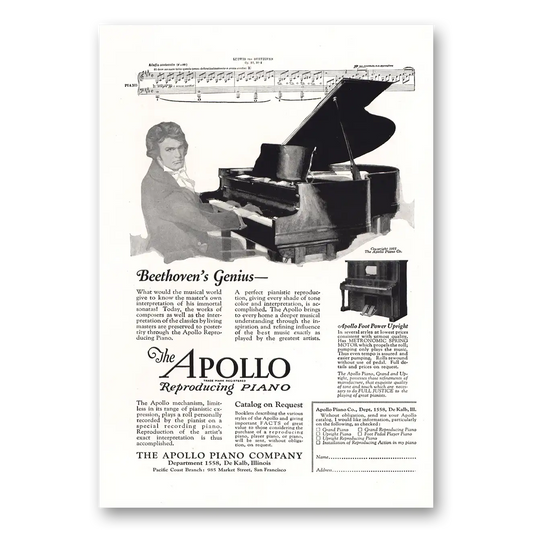 1921 Apollo Reproducing Piano Beethovens Genius Vintage Magazine Print Ad