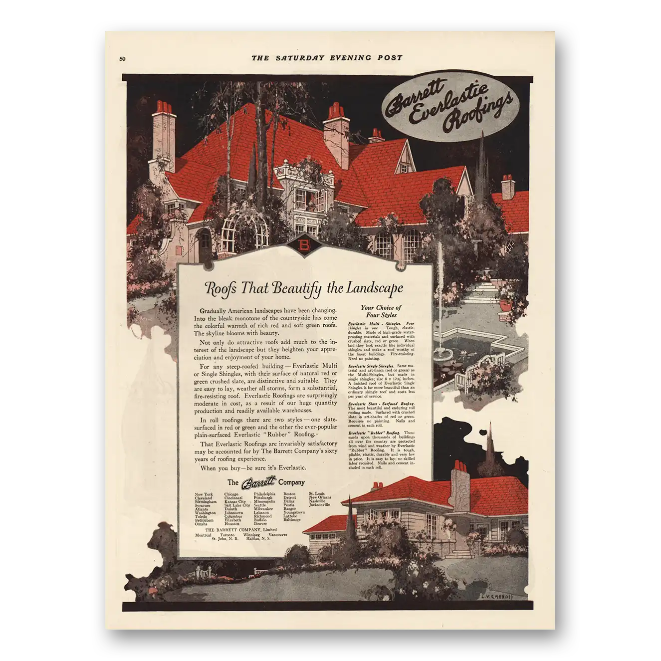 1921 Barrett Roofs That Beautify the Landscape Vintage Magazine Print Ad