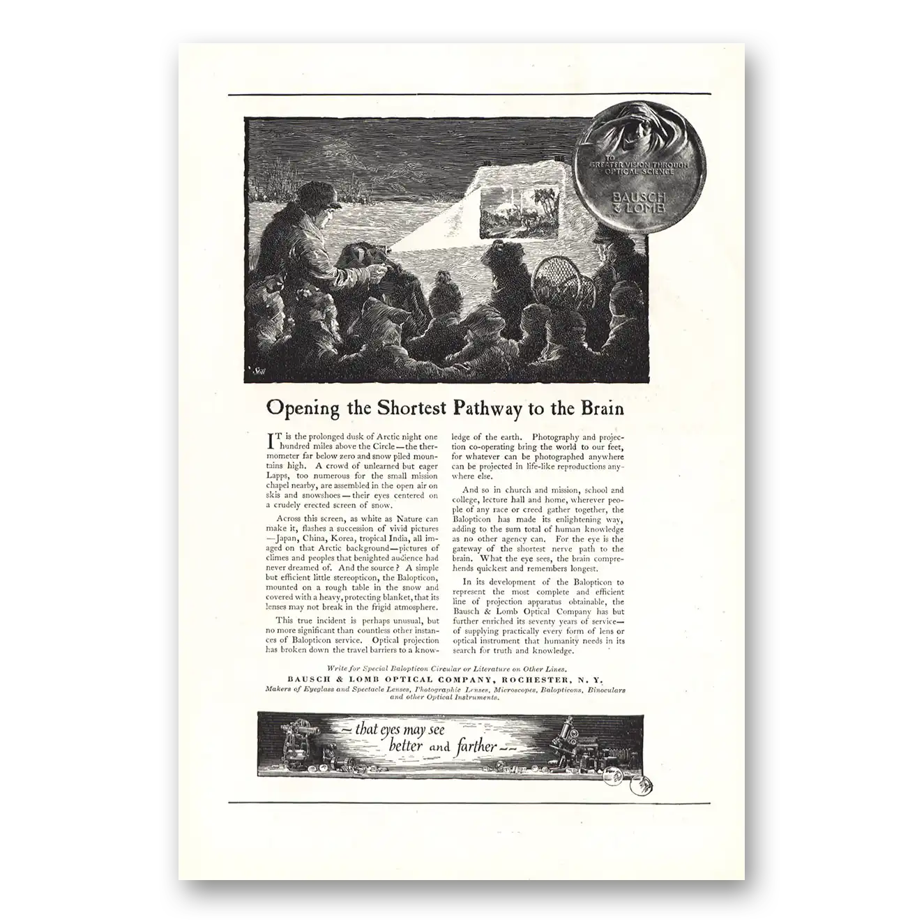 1921 Bausch & Lomb Shortest Pathway To the Brain Vintage Magazine Print Ad